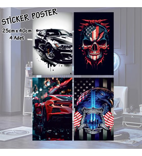 spor araba amerika bayraklı iskelet kartal - 4 adet yapışkanlı poster sticker etiketler - dolap cam oda için