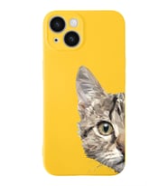 Apple iPhone 14 Plus Uyumlu Lansman Kılıf Catface Tasarımlı İçi Kadife Kapak-Sarı (Şeffaf)