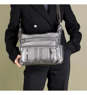 Kadın Yıkama Deri Kaliteli Taşlı Kol Omuz ve Çapraz Çanta (Gümüş)