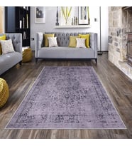 Gri Vintage Desenli Yıkanabilir Kaymaz Taban Leke Tutmaz Modern Salon Halısı ve Yolluk (Lila)