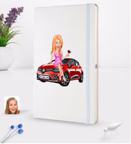 BK Gift Kişiye Özel Plakalı Kadın Renault Clio Karikatürlü Beyaz Termo Deri Defter 16x24cm Model 1