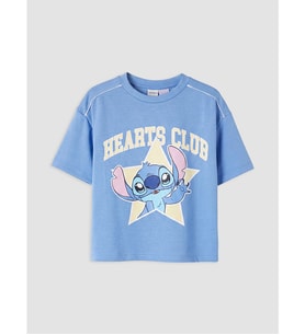 LCW Kids Mavi Stitch Baskılı Kız Çocuk Tişört