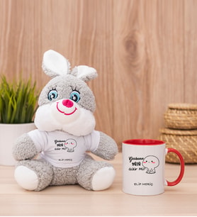 Kişiye Özel Garibanın Yüzü Gülür Mü Esprili Peluş Tavşan ve Kırmızı Kupa