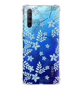 PrintiFy Oppo Reno 3 Uyumlu Köşe Korumalı Floral Mavi Tasarımlı Şeffaf Silikon Kılıf