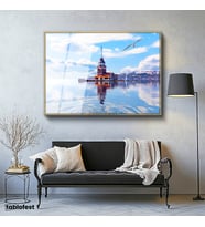Altın Renk Metal Çerçeveli Tamperli Cam Tablo Kız Kulesi Deniz Yansıması Şehir Mimari Tablo Duvar Dekoru
