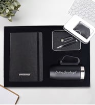 Kişiye Özel Süngerli Kutusunda Kişiye Özel Siyah Defter & 32 gb Usb Siyah Kalem & Kulplu 280 Ml Siyah Çelik Termos Hediye Seti