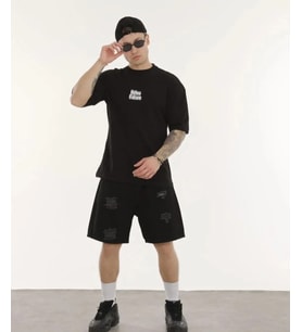 Erkek Kısa Kol Yazlık Tişört Bisiklet Yaka Baskılı Oversize T-Shirt - Siyah