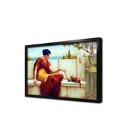 Kediyle Oynayan Kadın Çerçeveli Cam Tablo
