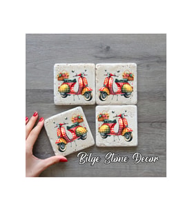 bilge tasarım Stone Decor Taş Bardak Altlığı 4'lü Set 10x10x1 Cm desenli