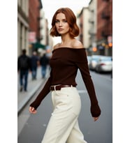 Kadın Ekru Carmen Yaka Fitted Crop Triko Kazak İlkbahar Sonbahar İçin Şık Ve Basic Tasarım