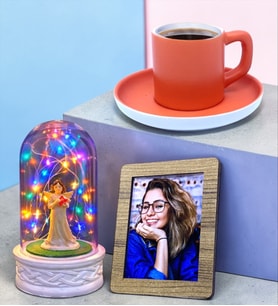 Turuncu Kahve Fincanlı Renkli Led Işıklı Fanuslu Kişiye Özel Hediye Seti (Model 5)