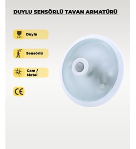 2 x E-27 Duylu Sensörlü Tavan Armatürü Cam / Metal (Beyaz)