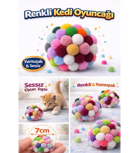 Renkli Ponpon Kedi Oyuncak Topu 7 cm ( 2 Adet ) – Yumuşak Sessiz Kedi Oyun Topu