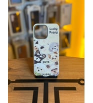 iPhone 14 Pro Max Uyumlu Özel Tasarım Sevimli Figürlü Deri Dokulu Telefon Kılıfı (Krem)