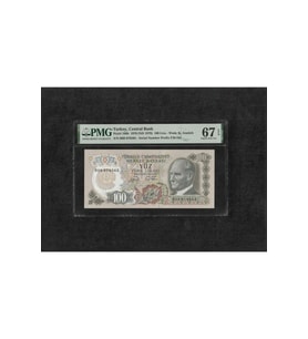 Türk Lirası PMG 67 EPQ SUPERB GEM UNC 100 Lira P 189b 1970 (ND 1979) S/N H09 6. Emisyon 1. TertipTü