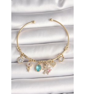 pilelistore Pirinç Gold Renk Sallantı Zirkon Taşlı AYıcık Figür Kalp Detay Charm Kadın Bileklik - TJ