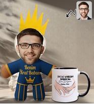 BK Gift Kişiye Özel Fotoğraflı Kral Babam Tasarımlı Bebek Yastık-2 & Siyah Kupa Bardak Hediye Seti-9, Babalar Günü Hediye, Babaya Hediye