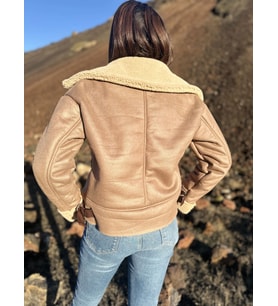 İçi Suni Kürklü Suni Süet Crop Biker Ceket (Açık Kahverengi)