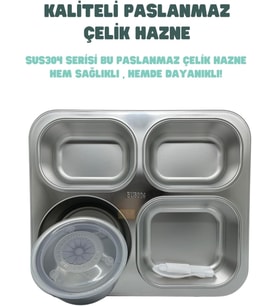 Vagonlife Bento 1200ml Lunchbox Tek Katlı 4 Bölmeli ve Kaseli Çelik Sefer Tası Yemek Kutusu (Gri)
