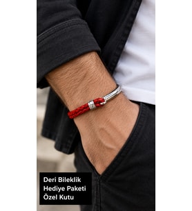 Beltrano Scarletarc Kırmızı Deri Erkek Bileklik - Gümüş Ton Yarım Metal Örgü