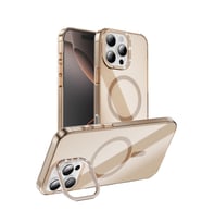 iPhone 16 Pro Max Kılıf Magsafe Şarj Özellikli Kamera Taşlı Standlı Şeffaf Sararmaz Rhinestone Transparent Kapak (Gold)