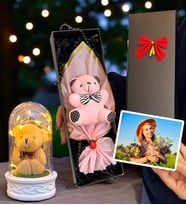 Size Özel Fotoğraflı Kutuda Pembe Peluş Ayıcık ve Led Işıklı Biblolu Fanus (Model 6)