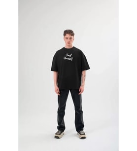 Unisex Bisiklet Yaka Baskılı Oversize T-Shirt - Siyah