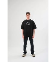 Unisex Bisiklet Yaka Baskılı Oversize T-Shirt - Siyah