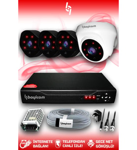 BAYICAM 4 Kameralı Uzay 1 İç Kamera Set HDD'siz Full HD Gece Görüşlü Güvenlik Kamerası Sistemi