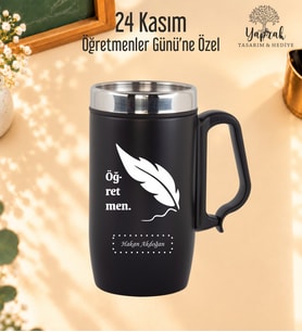 Öğretmenler Günü Hediyesi Kişiye Özel Harf Ve İsim Basklı Kulplu Çelik Siyah Termos Bardak 280 ml