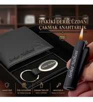 İsme Özel Hakiki Deri Cüzdan Clipper Çakmak Anahtarlık Premium Erkek Hediye Seti - Babaya Eşe Sevgiliye Arkadaşa Hediye