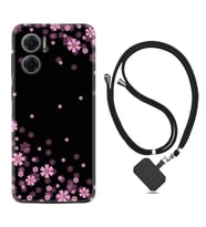 Xiaomi Redmi Note 11E Kılıf Resimli Boyun Askılı İpli Desenli Silikon Black flowers 1391