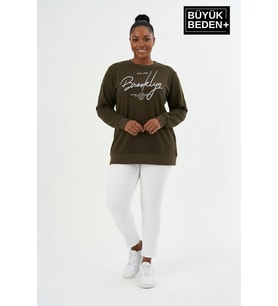 Kadın Büyük Beden El Yazılı Brooklyn Baskılı  Bisiklet Yaka İnce Sweatshirt SPR26BSWK956-6