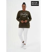 Kadın Büyük Beden El Yazılı Brooklyn Baskılı  Bisiklet Yaka İnce Sweatshirt SPR26BSWK956-6 (Haki)