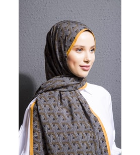 Geometrik Desen Modal Seri Şal Eşarp Askısı ile Birlikte 75x200 cm Hardal Siyah-