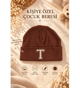 Kişiye Özel İsimli Çocuk Beresi Kahverengi/Krem Pamuklu Esnek Bebek ve Çocuk Şapkası
