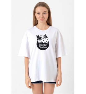 Merry Christmas Sleigh Beyaz Kadın Oversize Tshirt