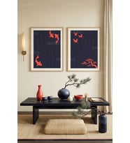 Japon Zen Temalı Koi, Turna ve Bonsai 2’li Ahşap Çerçeveli Tablo Seti