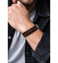 Nomad Leather Contrast Brown Siyah & Taba Örgü Hakiki Deri Erkek Bileklik – Çelik Mıknatıslı Kilit-50-534