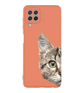 Samsung Galaxy M22 Uyumlu Lansman Kılıf Catface Tasarımlı İçi Kadife Kapak-Turuncu (Şeffaf)