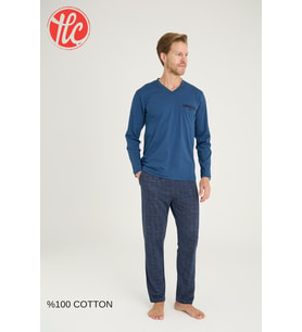 Kly Erkek %100 Pamuklu 4 Mevsim Kumaş V Yaka Uzun Kollu Pijama Takım