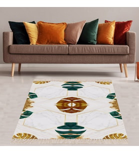 Gold Şeritli Geometrik Desenli Yapraklı Dijital Baskı Yıkanabilir Kaymaz Taban Modern Salon Halısı (Çok Renkli)
