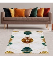 Gold Şeritli Geometrik Desenli Yapraklı Dijital Baskı Yıkanabilir Kaymaz Taban Modern Salon Halısı (Çok Renkli)