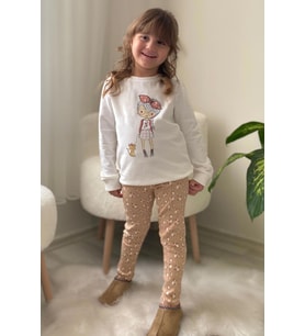 Breeze Kız Çocuk Taytlı Takım Sevimli Kız Baskılı Çiçekli 2-6 Yaş, Ekru