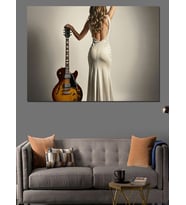 Beyaz Elbiseli Gitarlı Kadın  Dekoratif Kanvas - Mdf Ahşap Tablo