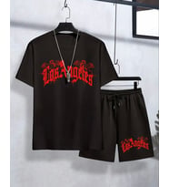 AMOR MAN ÖZEL TASARIM RED LOS ANGELES BASKILI ÇİFT CEP MODERN ERKEK T-SHIRT ŞORT TAKIMI (Siyah)
