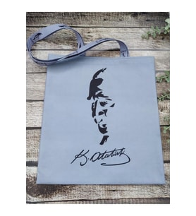 Kemal Atatürk Portre İmzalı Desenli Baskılı Kumaş Çanta Omuz Askılı Bez Çanta