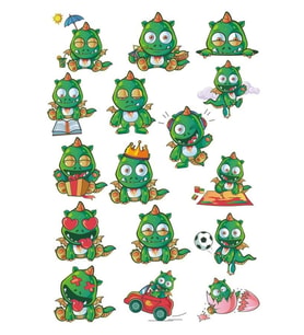 Yeşil Sevimli Ejderha Sticker Set 16 Parça Telefon, Tablet, Defter, Laptop Sticker