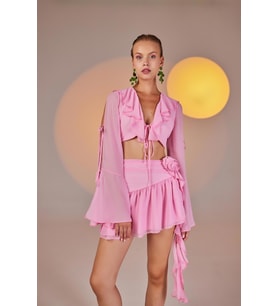 Fırfırlı Şifon Carmen Bluz Pembe