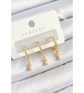 Pirinç Zirkon Taşlı Sallantılı Yıldız Model Gold Renk 3'lü Çift Kadın Küpe Set (Altın)